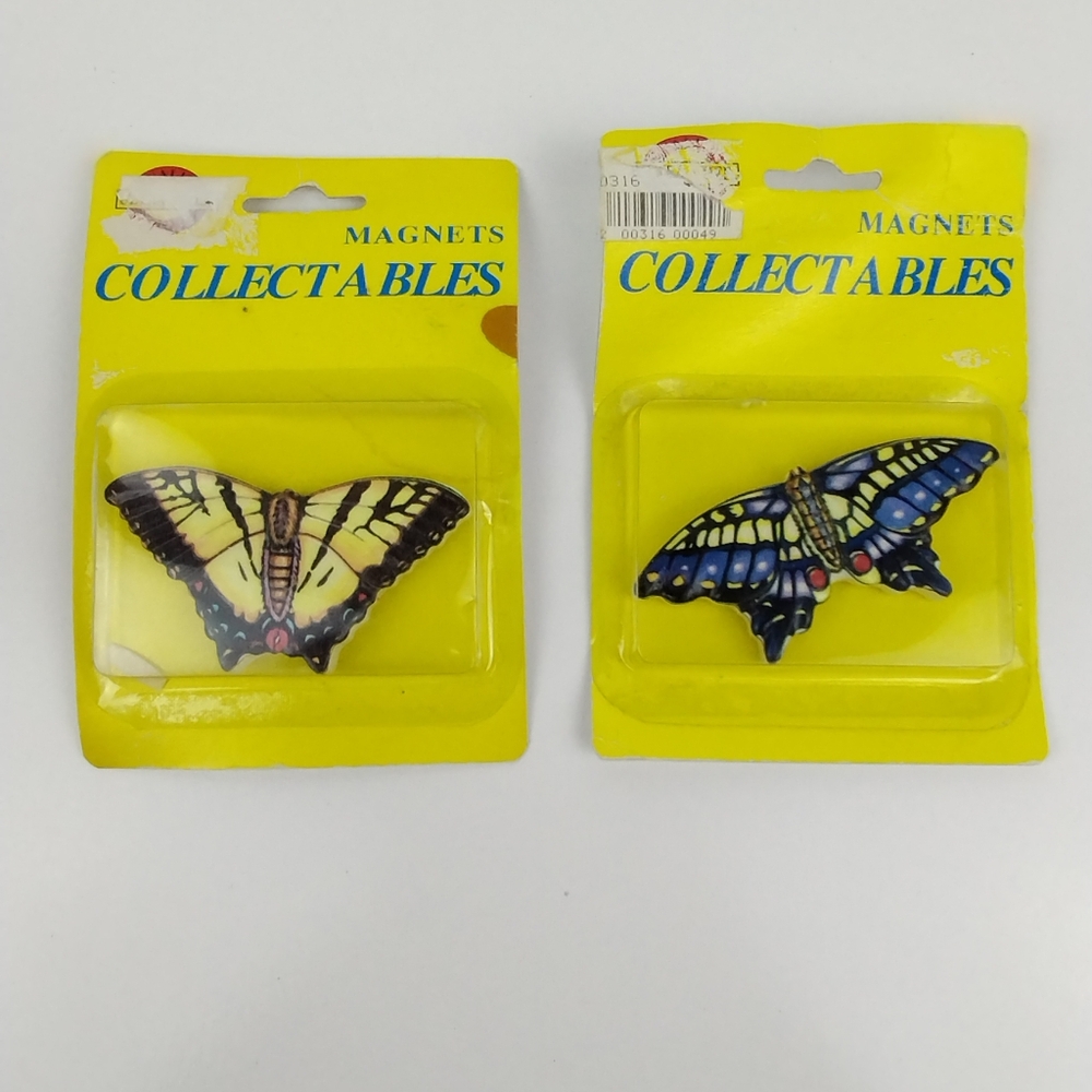 Vintage Butterfly Magnets Set of 2 Collectables Series Yellow Blue Swallowtail
